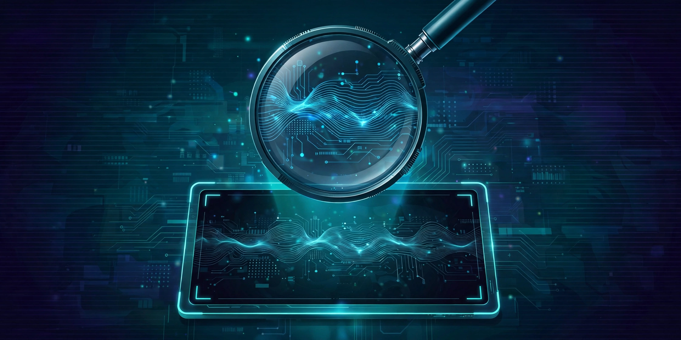 Magnifying glass revealing an invisible watermark pattern inside digital media